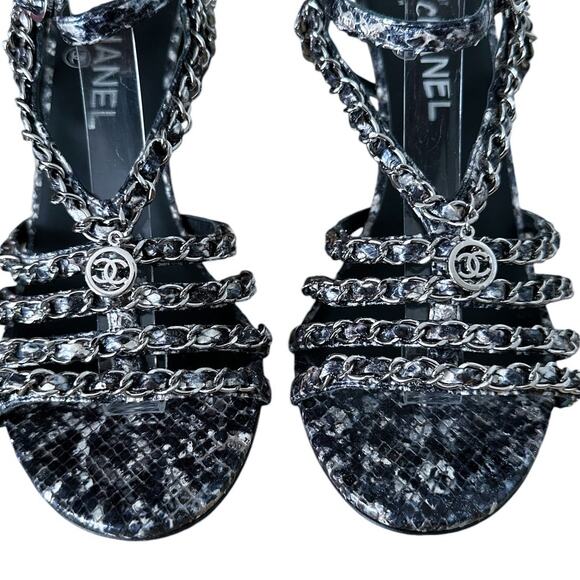 Chanel Python Snakeskin Chain Indigo Blue Strappy High Heel Sandals 40 - Picture 4 of 11